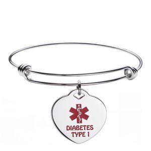 Diabetes Type 1 Heart Charm Bangle Medical Id Bracelet NEW!